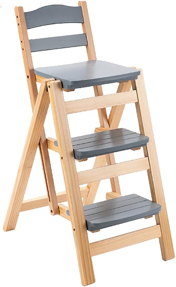 Solid Wood Folding Bar Stool Height Foldable Stool Tall Stool 3 Step Multifunction Indoor Ladder Stool Portable Foldable Stool Step Stool for Household Kitchen Bathroom Storage Shelf(Gray)