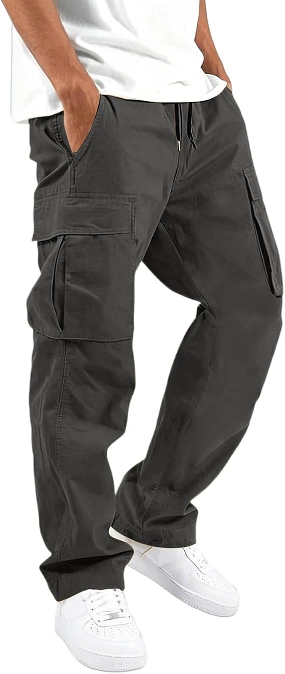 Mens Cargo Pants Casual Relaxed Fit Elastic Waist Hiking Cargo Work Pants