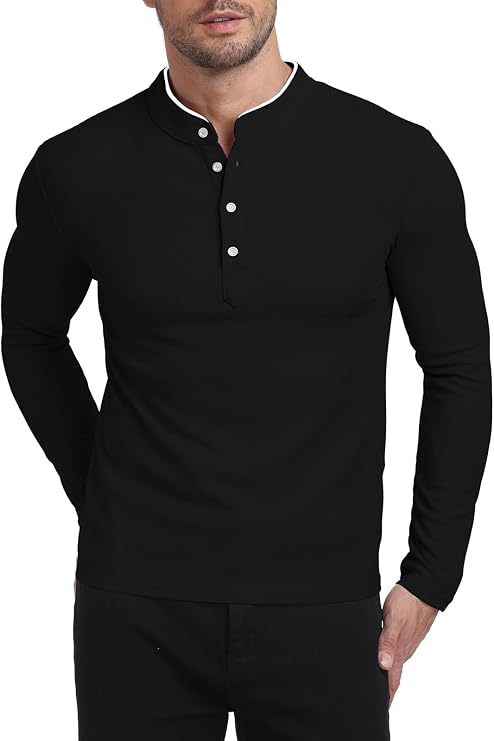 KUYIGO Men's Long Sleeve Slim Fit Mandarin Polo Shirts Waffle Casual Tops