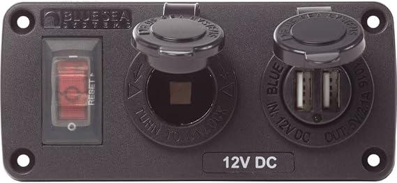 Blue Sea Systems 4363 Water-Resistant Accessory Panels, 15A Circuit Breaker, 12V Socket, 2.1A Dual USB Charger