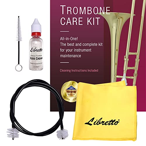 Libretto Trombone All-Inclusive Care Kit: Flexible Bore Brush  Mouthpiece Brush  Slide Oil Microfiber Cleaning Cloth  Slide Grease, wHandy Case, Time to Clean & Extend Life of Your Trombone!