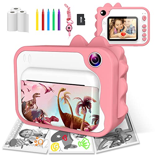 Kids Instant Print Digital Camera for Ages 3-12 - 12MP, 1080P Video, 2.4 Inch Screen, Ink-Free Printing, 32GB SD Card, Color Pens, Print Papers Pink