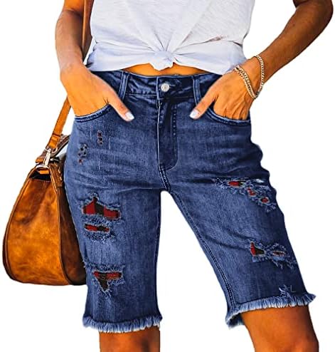 Womens Ripped Denim Jean Bermuda Shorts High Waisted Stretchy Hem Short Jeans