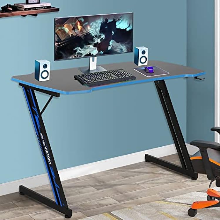 Gmaing Desk 47 inch PC Computer Gaming Workstation w Headphone Hook Z Shaped Carbon Fiber Surface Gaming Table Modern Ergonomic PC Gaming Table Home Office Student Writing Desk for Game Players, Blue