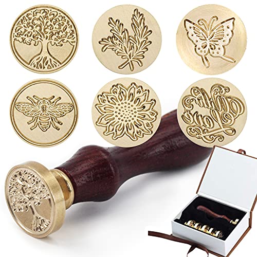 Wax Seal Stamp Set, 6 Pieces Sealing Wax Stamps Copper Seals  Wooden Hilt, Vintage Classical Initial Seal Wax Stamp Kit with Gift Box SunflowerTree of LifeBeewith LoveRosemaryButterfly