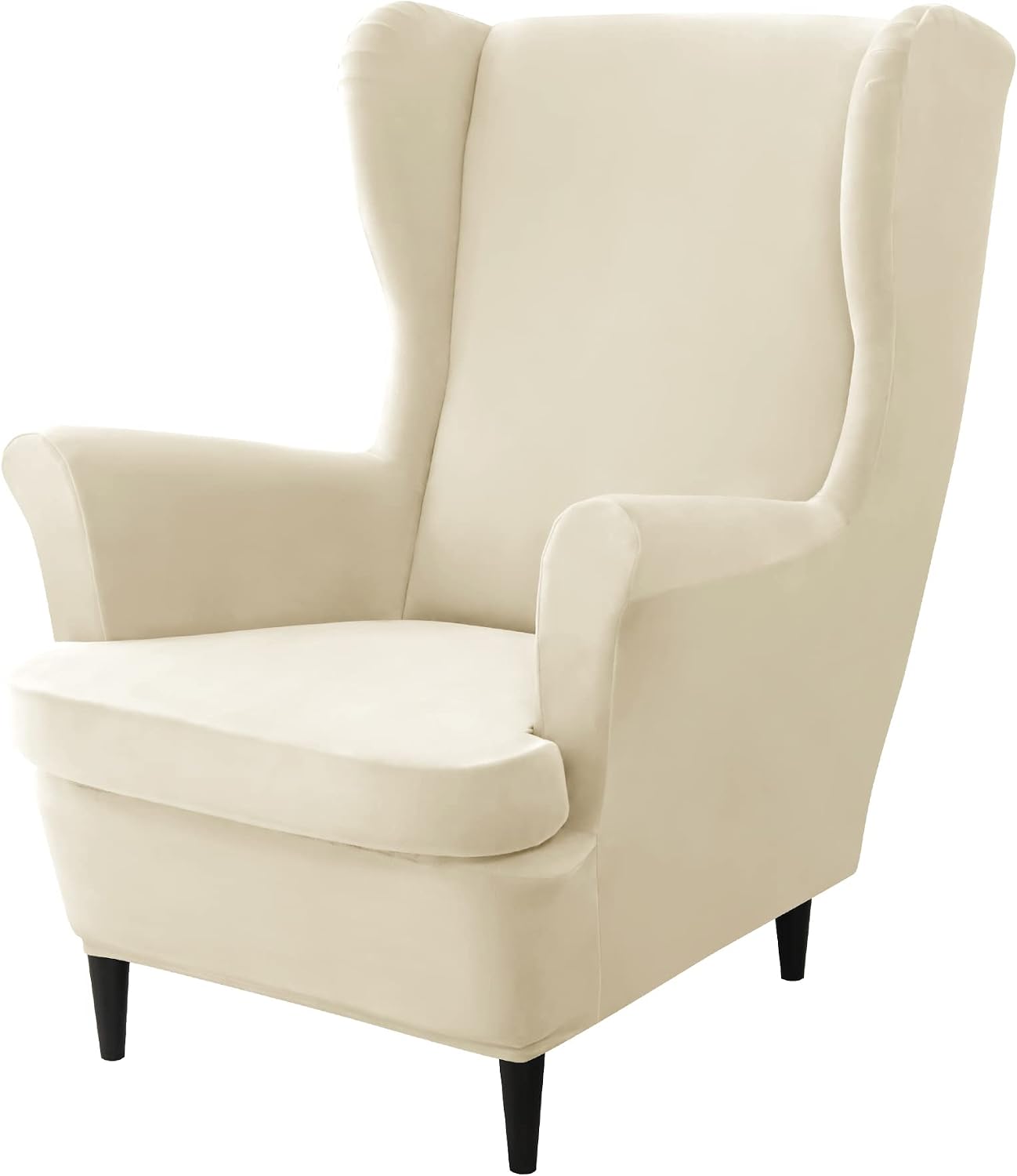 Stretch Wingback Chair Covers, 2 Piece Wing Chair Slipcovers Soft Velvet Armchair Covers with Elastic Bottom for Living Room Bedroom Beige