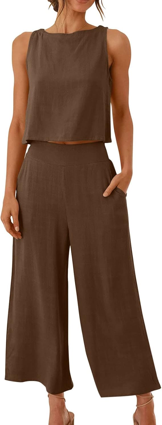Women Cotton Linen 2 Piece Outfit Set Summer Sleeveless Crop Tank Tops and Wide Leg Pants Lounge Set with Pockets