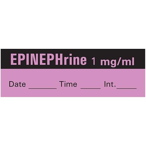 PDC Healthcare AN-6D1 "Epinephrine 1 mg/mL" Removable Anesthesia Tape with Date, Time and Initial, 1" Core, 1/2" Width, 500" Length, Violet