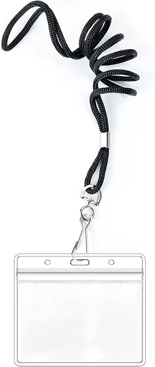 100 Clear Plastic Horizontal Name Tags Badge ID Card Holders and 100 Black Lanyards with Swivel Hook