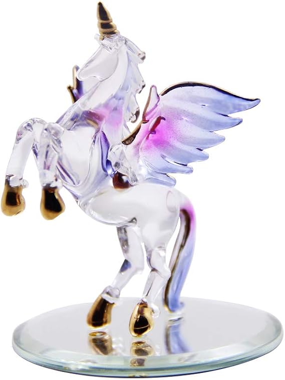 Dream Unicorn Lampworking Exquisite Tiny Unicorn with Wings Golden Edge Art Glass Blown Crystal Flying Horse Statue Figurine Ornament Handcraft Gift