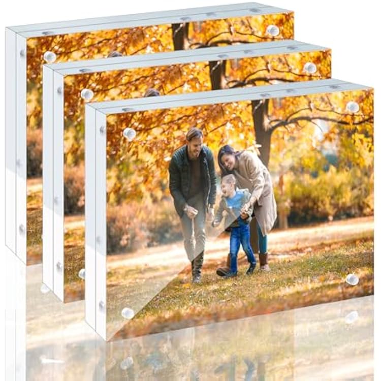 3 Pack 5x7 Acrylic Picture Frames - 20% Thicker Double Sided Magnetic Frame with UV Protection - Freestanding Clear Frameless Display for Tabletops - Modern Photo Frame Set for Home & Office Decor