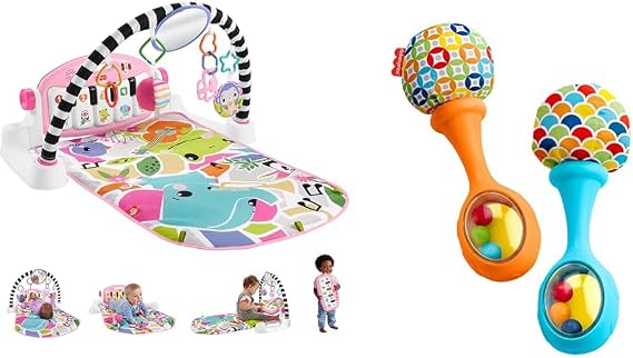 Fisher-Price Baby Activity Mat Glow and Grow Kick & Play Piano Gym, Portable Musical Toy with Smart & Fisher-Price Baby Newborn Toys Rattle 'n Rock Maracas, Set of 2 Soft Musical Instruments