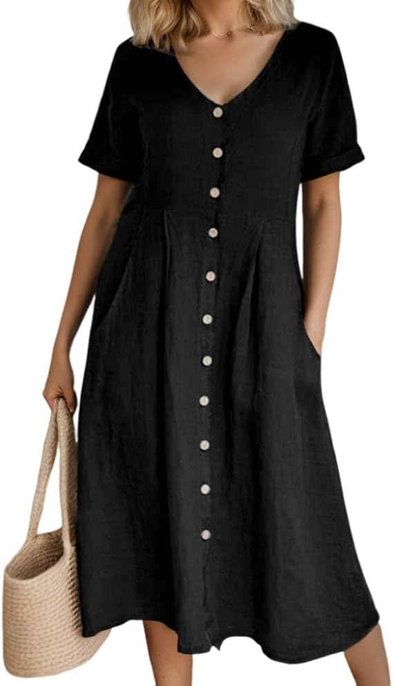 Akivide Women's 2025 Summer Linen Button Down Midi Dresses Plus Size Short Sleeve Beach Flowy Dress for Women with 2 Pockets
