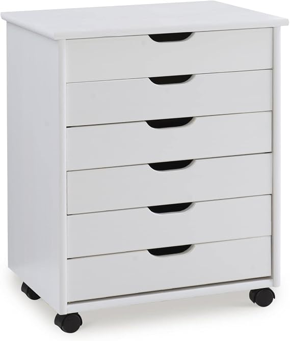 Linon Cary White Wash Six Drawer Wide Roll Cart 20.75" W