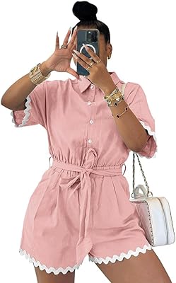 Halfword Womens Button Down Belted Cute Rompers Lace Shorts Sleeve Casual Cotton Line Jumpsuits for Summer