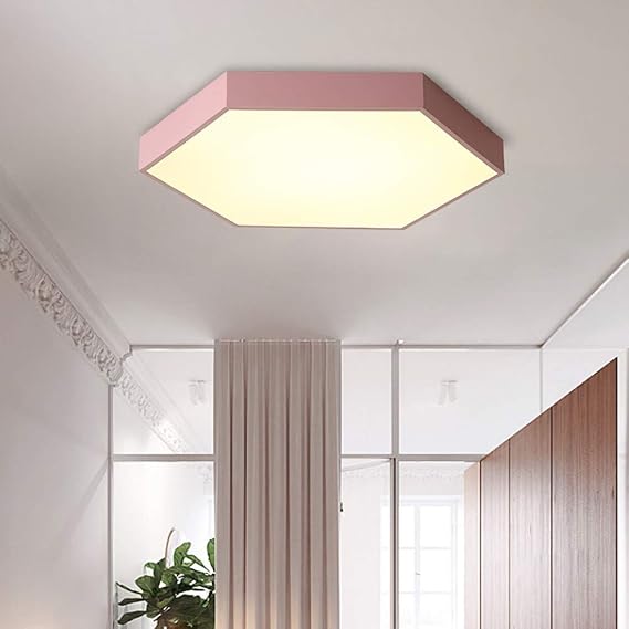 LAKIQ Modern Hexagon Acrylic Flush Mount Lighting Creative Macaron Colorful Indoor Flush Light Led Flush Mount Ceiling Light for Bedroom Living Room Boys Girls Kids Room (Pink, 12''-Warm Light)