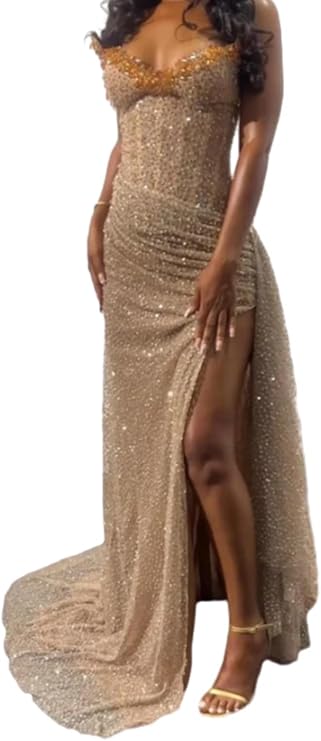 Beaded Sequin Gown - Lace Up Beaded Neck Dress - High Slit Maxi Formal Dress