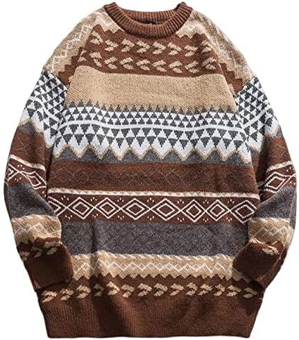 Arssm Mens Vintage Sweater Grandpa Oversized Cable Knit Crewneck Pullovers Casual Long Sleeve Striped Sweater (Brown-Large)
