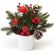 12 Inch Tabletop Christmas Tree with White Ceramic Potted,Mini Christmas Tree Holiday Decorations with Apples Pine Cones Gold Xmas Ball Berries for Home Indoor Xmas Tabel Decor