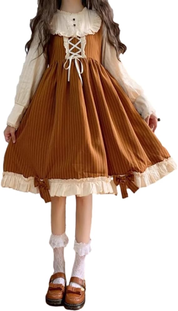 Teen Girls Vintage Striped Patchwork Long Sleeve Cute Dresses Spring Autumn Japanese Style Lolita Costume Party Dress