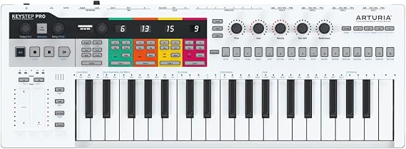 Arturia KeyStep Pro 37-Key Controller & Sequencer USB/MIDI/CV Keyboard Controller, with Aftertouch, 4 Polyphonic, 16-Track Drum Sequencer | 37-Key Slim with Velocity and Aftertouch, 4-Track Step Sequencer, 24-Part Drum Sequencer, 4 Cv and Gate Plus 8 Drum Gates