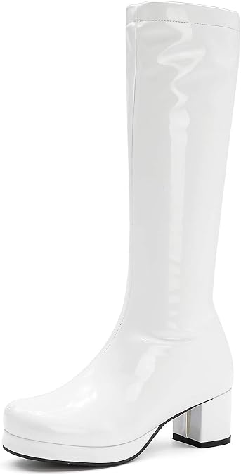 YIYA Women's Knee High GOGO Boots Colorful Patent Leather Waterproof Rain Boots Chunky Low Heel Party Costume Shoes