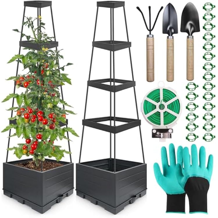 2Pack Raised Garden Bed Tomato Planter Box with Trellis Outdoor Tomato Cage Trellis for Garden Climbing Plants Outdoor Indoor 57 Self Watering Raised Beds for Gardening Tomatoes Vegetable Growing