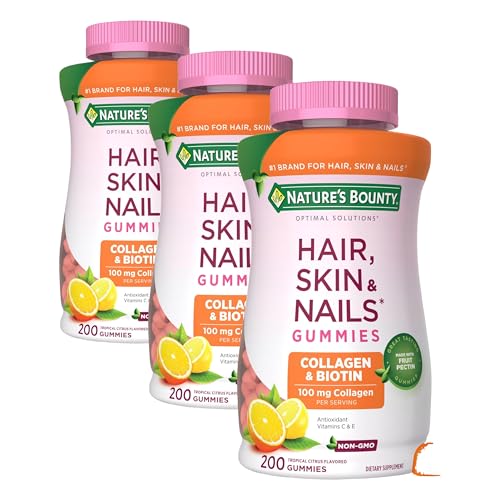 Natures Bounty Optimal Solutions Hair,Skin and Nails Collagen Pectin Gummies,100 mg Collagen & 2,500 mcg Biotin Per Serving,No Stick Gummy,Tropical Citrus Flavor,100 Total Servings,200 ct Pack of 3