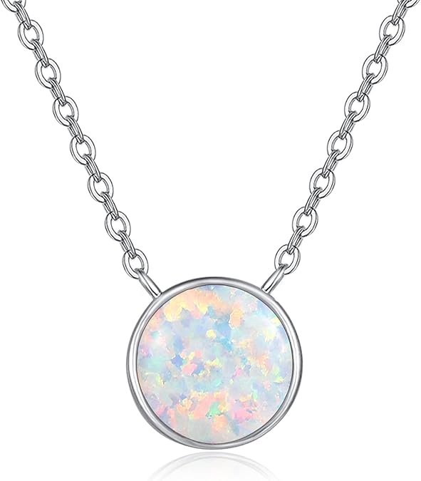 TANGPOET Dainty 8mm Opal Necklace for Women 925 Sterling Silver Circle Pendant Necklace Lab Created Opal Jewelry Gift for Birthday with 18"+2" Chain