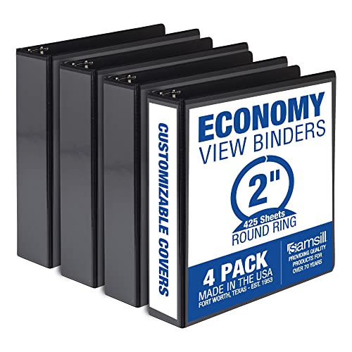 Samsill 2 Inch 3 Ring Binders, Economy Round Ring, Clear View Cover, 425 Sheet Capacity - for School, Home, Office - Black, 4 Pack