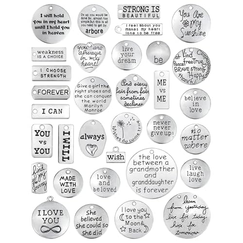 JIALEEY Motivational Charms, Wholesale Bulk Lots Inspirational Message Charm Pendants for Crafting, Jewelry Findings Making Accessory For DIY Necklace Bracelet, 30PCS