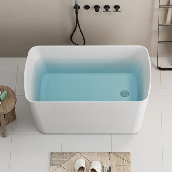 Abruzzo 49" Small Freestanding Bathtub - Square Acrylic Soaking Tub for Small Spaces, Japanese Style Deep Soak with Chrome Overflow & Quick Drain, Gloss White cUPC Certified Compact Bathtub