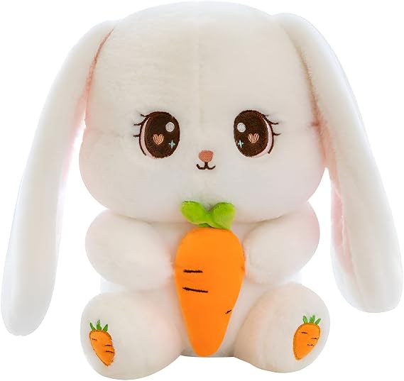 OULV Bunny Stuffed Animal Soft Toy Plushie Sitting Lop Eared Rabbit, Easter White Rabbit Stuffed Animal with Carrot Soft Lovely Realistic Long-Eared Standing Plush Toys