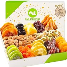 NUT CRAVINGS - Dried Fruit & Mixed Nuts Gift Basket in White Gold Box (12 Assortments) Food Arrangement, Healthy Snack Care Package,