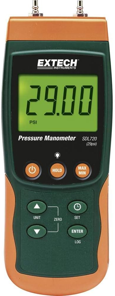 Extech SDL720 Differential Pressure Manometer Datalogger - 30 psi, 11 Pressure Units, Dual Input, USB/SD Card Data Logging, Backlit LCD, HVAC, Calibration, and Industrial Applications | Differential pressure to 29 psi (2000 mbar), dual inputs, 10 units (psi/mbar/kPa/mmHg), +/-2%FS, SD card Excel