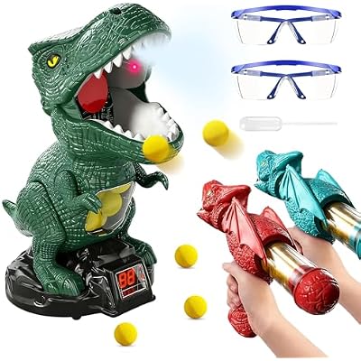 Movable Dinosaur Shooting Toys for Kids - Electronic Target Shooting Games with 2 Pump Blaster24 BallsWater Mist SprayScore RecordLED & Sound Toy Foam Blasters Gift for Children Age 3 4 5 6 7 8