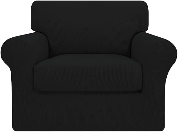Easy-Going 2 Pieces Stretch Couch Cover Sofa Cover for Dogs Washable Sofa Slipcover for Separate Cushion Couch Spandex Jacquard Fabric Elastic Furniture Protector for Pets, Kids (Black, Chair)