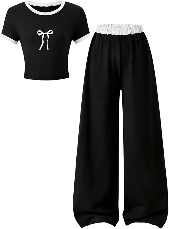 Azmxynol Tween Girls Clothes 2 Piece Outfit T-Shirt Top + Wide Leg Pants Girl Trendy Clothing Set, Sizes 7-16 Years