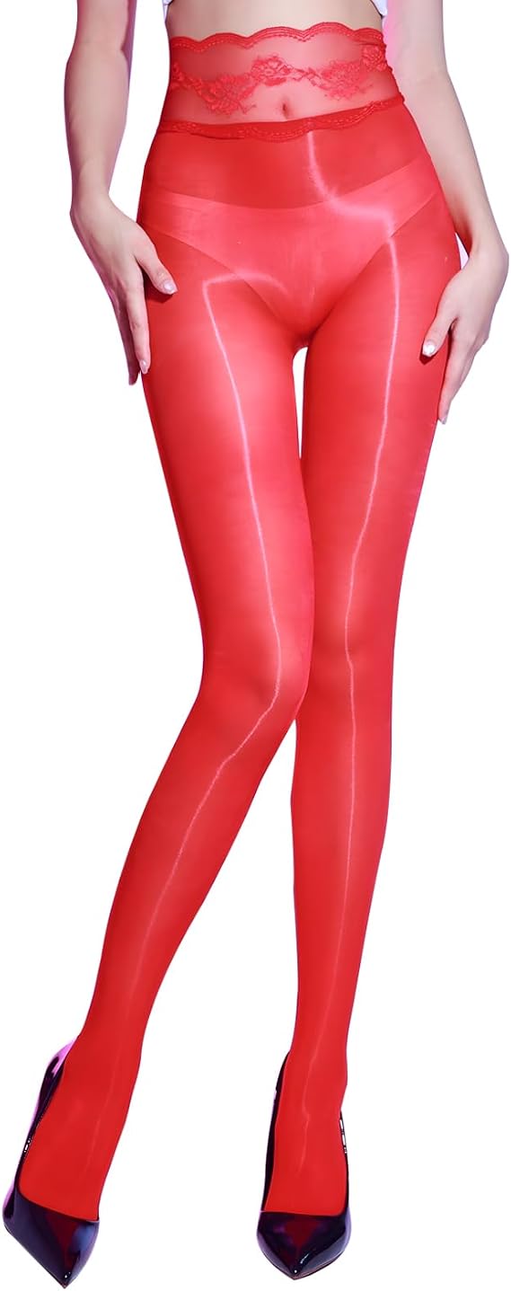 Women's Oily Shiny Pantyhose Seamless Sheer Tights 8 Denier High Waist Lace Gloss Stockings