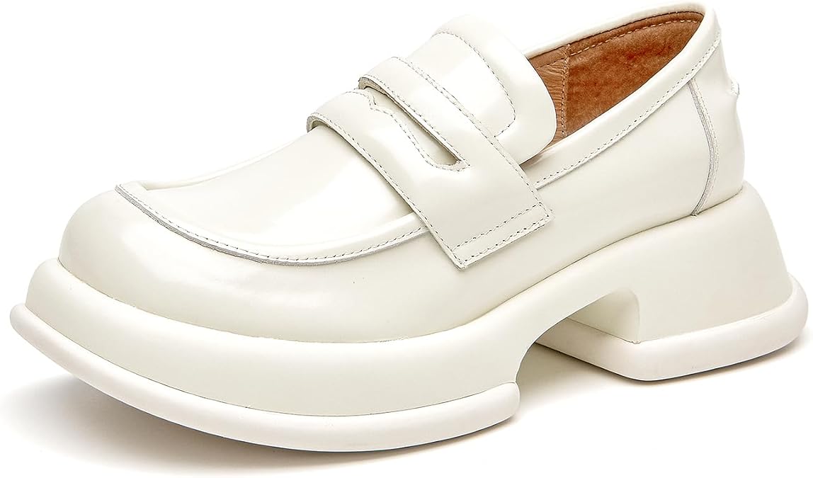 BEAU TODAY Womens Platform Loafers, Leather Penny Loafer Shoes