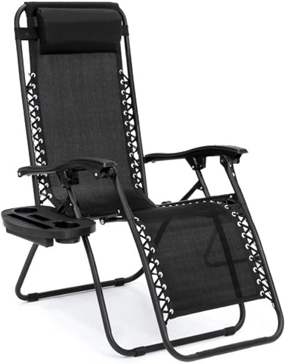 EZONE (1-Chair) Zero Gravity Lounge Chair Outdoor Adjustable Reclining Patio Chair Steel Mesh Folding Recliner for Pool Beach Camping Lounge Chair with Pillow and Cup Tray (1, Black)