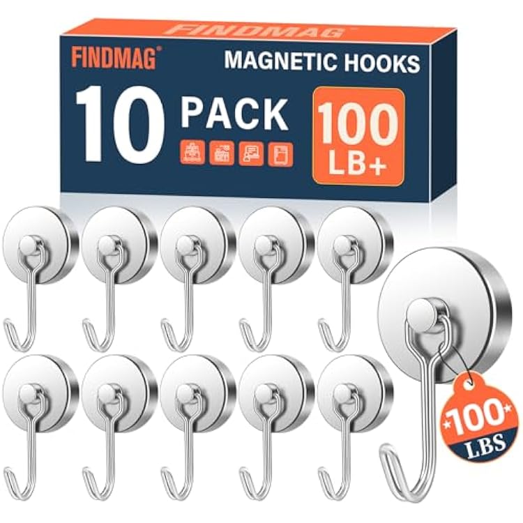 FINDMAG Magnetic Hooks Heavy Duty, 100lb Super Strong Magnetic Hooks for Cruise Cabins, Rare Earth Magnet with Hook for Refrigerator, Powerful Magnetic Hangers for Classroom, Door, Bathroom, Grill