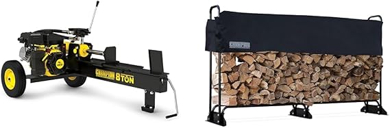 Champion Power Equipment 8-Ton Compact Horizontal Gas Log Splitter with 96-Inch Firewood Heavy Duty Wood Log Rack and Rack Cover