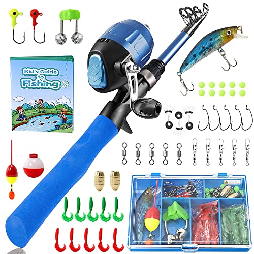 PLUSINNO Kids Fishing Pole,Telescopic Fishing Rod and Reel Combos with Spincast Fishing Reel and String with Fishing Line