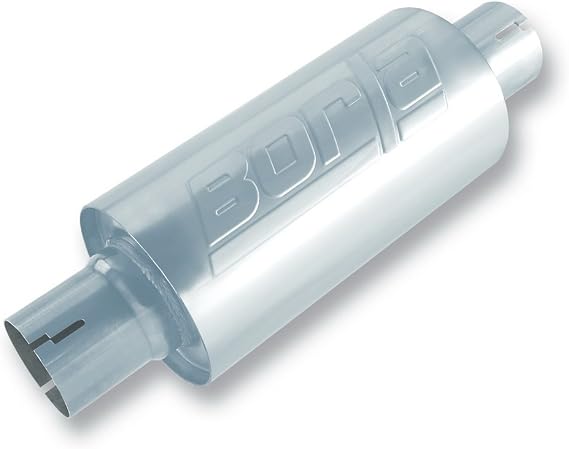 BORLA 40842S Specialty Universal Performance Muffler 2.5" Center Inlet / 2.5" Center Outlet 5" Round x 10" Long Body 15" Overall Length Un-Notched Necks Reversible Design T-304 Stainless Steel
