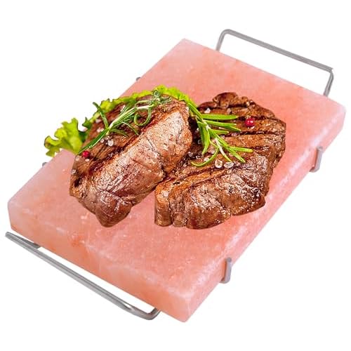 Spantik Professional Salt Block Set with Steel Tray 12 x 8 x 1.5 Himalayan Cooking Plate for Grilling, Cooking, Serving, 100% Pure Natural Food Grade Salt Stone Unique Gifts for Barbecue Smoker
