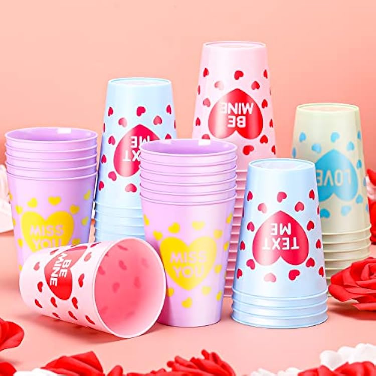Zubebe 64 Pcs Valentines Day Cups Bulk 9 oz Valentines Plastic Cups Heart Tumblers for Coffee Juice Drinks Anniversary Wedding Holiday Party Supplies