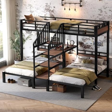 Bellemave Triple Bunk Bed Twin Over Twin with Storage Shelves & Stairs, Metal Bunk Beds Frame with Guardrails for 3 Kids, Teens, Black