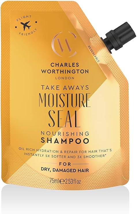 Charles Worthington Moisture Seal Nourishing Shampoo Takeaway, Travel Size, Coconut, Argan and Macadamia Oils, Salon Shampoo for Deep Moisture, 75ml