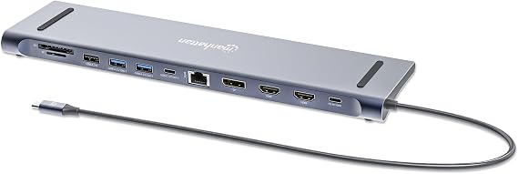 Manhattan USB C Docking Station 2 HDMI, 3 Monitor Station 12 in 1, Triple Display Laptop Docking Station with 5Gbps USB-A/C 3.1, USB 2.0, 100W PD, Ethernet, Audio, SD/TF Card Slot- 190305 | 4K@60Hz UHD video, Gigabit networking, aluminum housing, device charging, fast data transfer and memory readers | 190305FBA